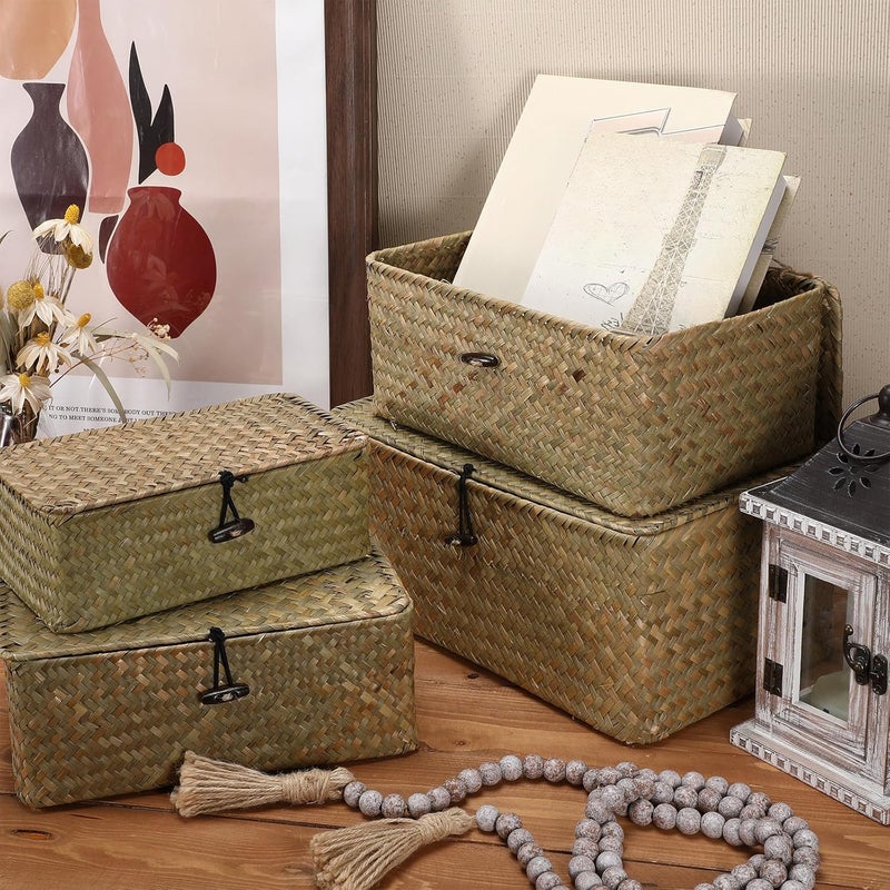 Woanger Set of 4 Seagrass Basket with Lids Rattan Wicker Storage Basket Handwoven Decorative Storage Boxes with Lids Multipurpose Woven Basket Bins for Shelf Closet (Natural Color) - Image 3