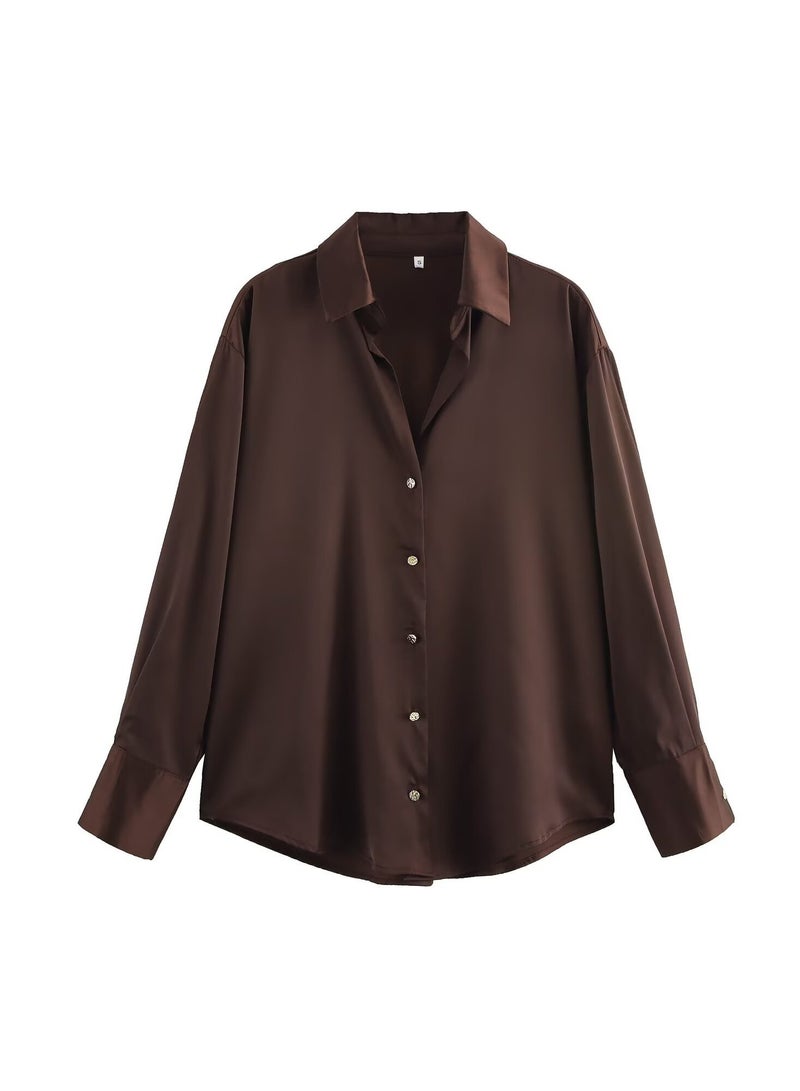 Shougu Loose Casual V-neck Satin Shirt Top For Women - Image 1