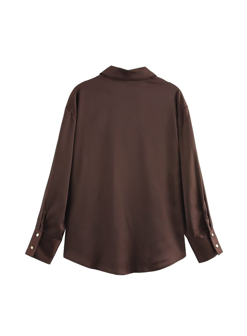 Shougu Loose Casual V-neck Satin Shirt Top For Women - Image 2