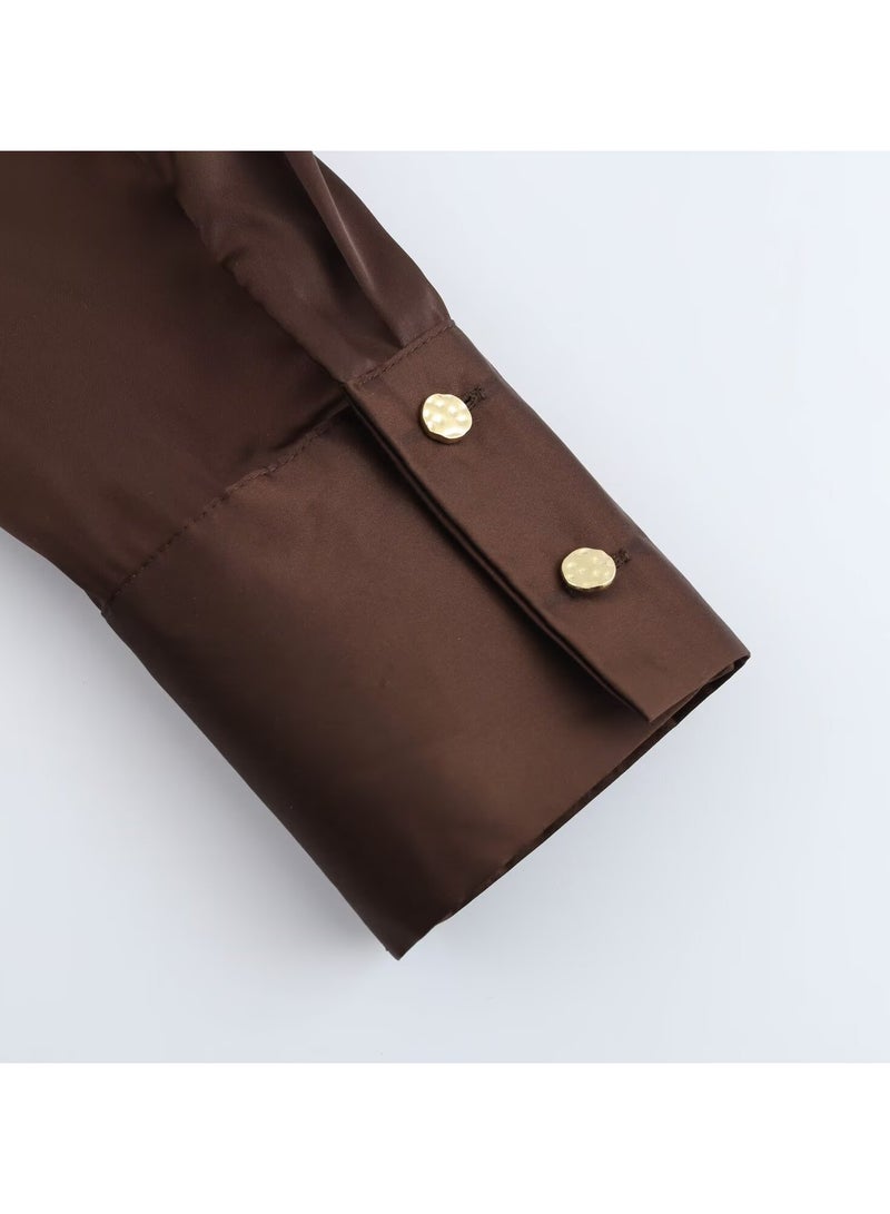 Shougu Loose Casual V-neck Satin Shirt Top For Women - Image 3
