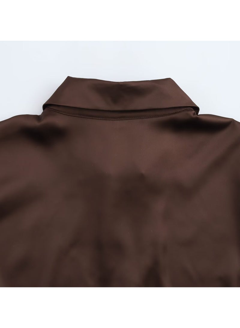 Shougu Loose Casual V-neck Satin Shirt Top For Women - Image 4