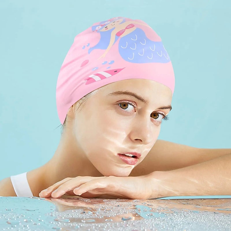 Bluejw Fashionable 100% Eco-Friendly Silicone Swim Cap Kids Mermaid Design with  Logo Print Good Stretch & Leak-Proof - Image 2