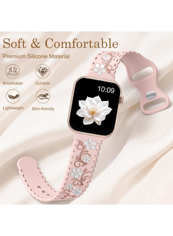 Getino Floral Band Compatible with Apple Watch Bands For Women 40mm 42mm 41mm 38mm 44mm 45mm 46mm 49mm, Cute Engraved Flower Soft Comfortable Silicone Strap for iWatch Series 11 10 9 8 7 6 5 4 3-1 SE - Image 4