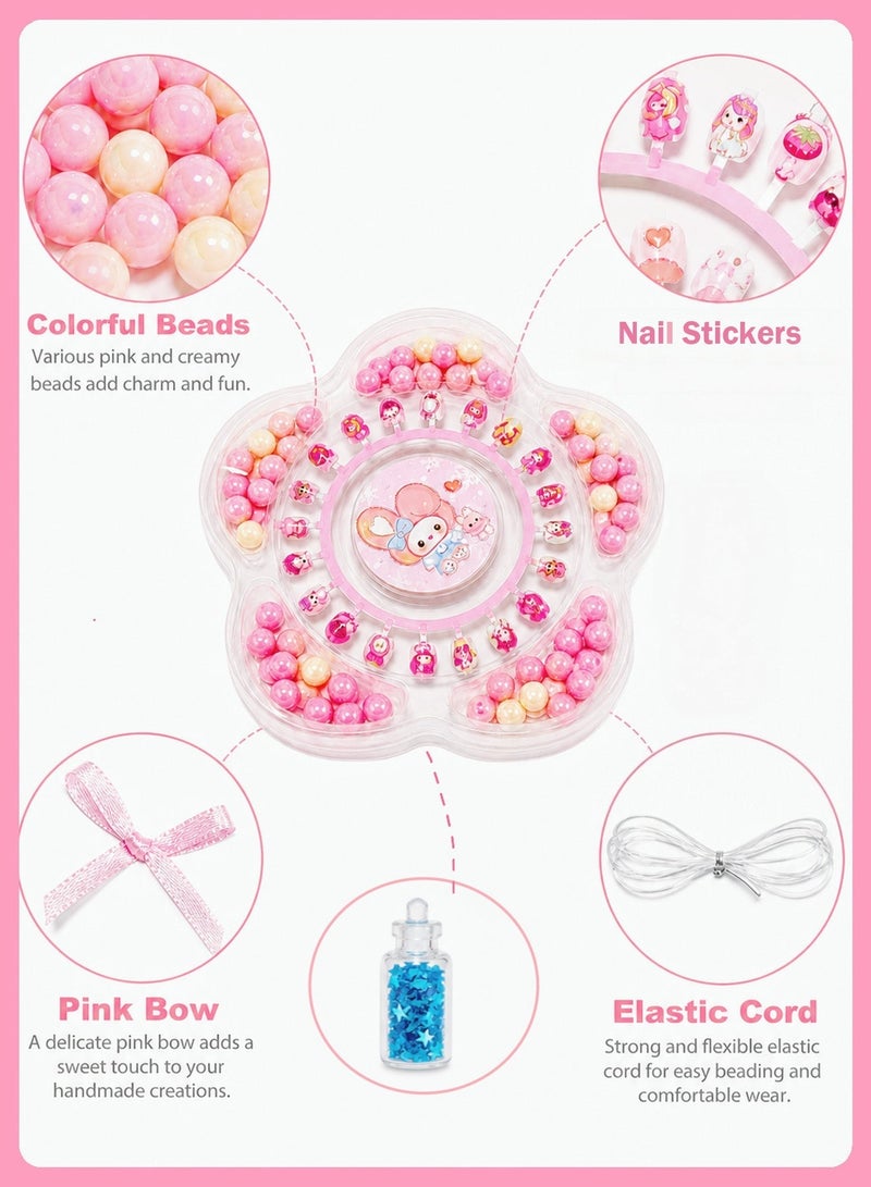 BELANO 85Pcs Kids Nails and DIY Jewelry Making Kit, Girls Press On Nails for Kids with Self Adhesive Backing,  Beads for Bracelets Craft Set - Image 2