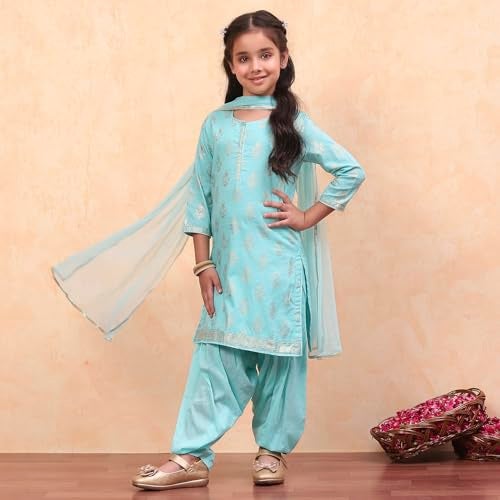 Biba Girls Cotton Salwar Suit Set Printed Straight Kid(Kw2953_Turquoise_7) - Image 5