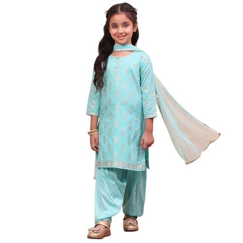 Biba Girls Cotton Salwar Suit Set Printed Straight Kid(Kw2953_Turquoise_7) - Image 1