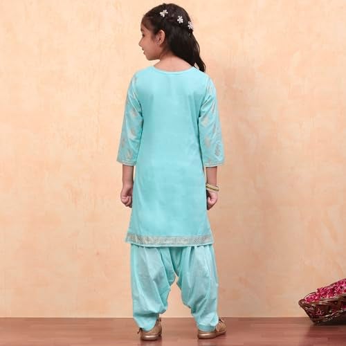 Biba Girls Cotton Salwar Suit Set Printed Straight Kid(Kw2953_Turquoise_7) - Image 4