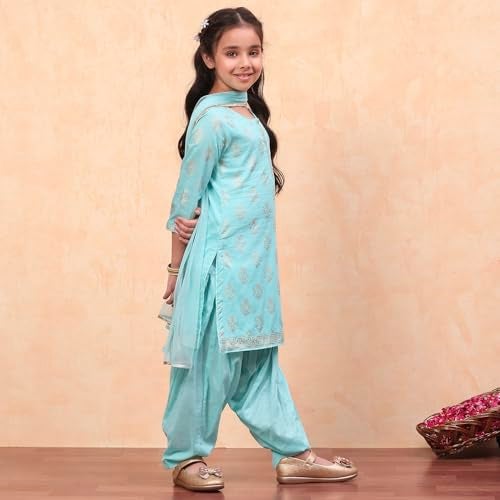 Biba Girls Cotton Salwar Suit Set Printed Straight Kid(Kw2953_Turquoise_7) - Image 3