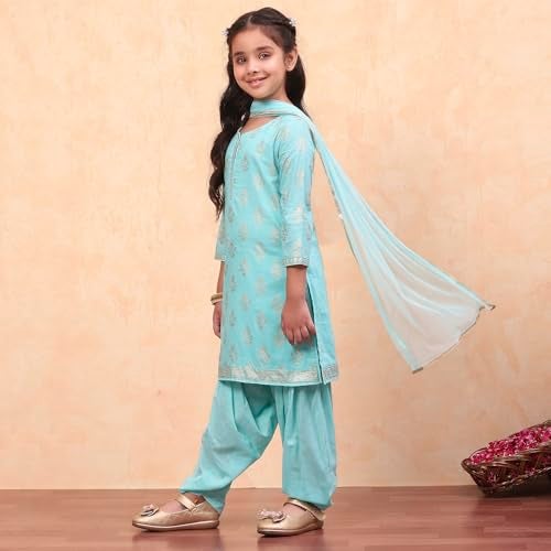 Biba Girls Cotton Salwar Suit Set Printed Straight Kid(Kw2953_Turquoise_7) - Image 2