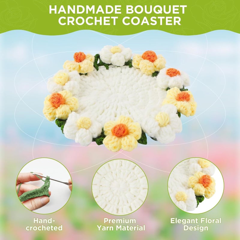 Vane Oak Flower Crochet Coasters, Handmade Bouquet Blanket Coaster with Crochet Plant Pot Fun Soft Decorative Drink Coasters for Coffee Tabletop Protection and Home Decor (Light Yellow, 1Pc) - Image 4