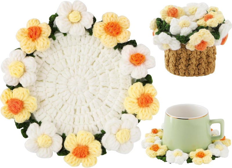 Vane Oak Flower Crochet Coasters, Handmade Bouquet Blanket Coaster with Crochet Plant Pot Fun Soft Decorative Drink Coasters for Coffee Tabletop Protection and Home Decor (Light Yellow, 1Pc) - Image 1