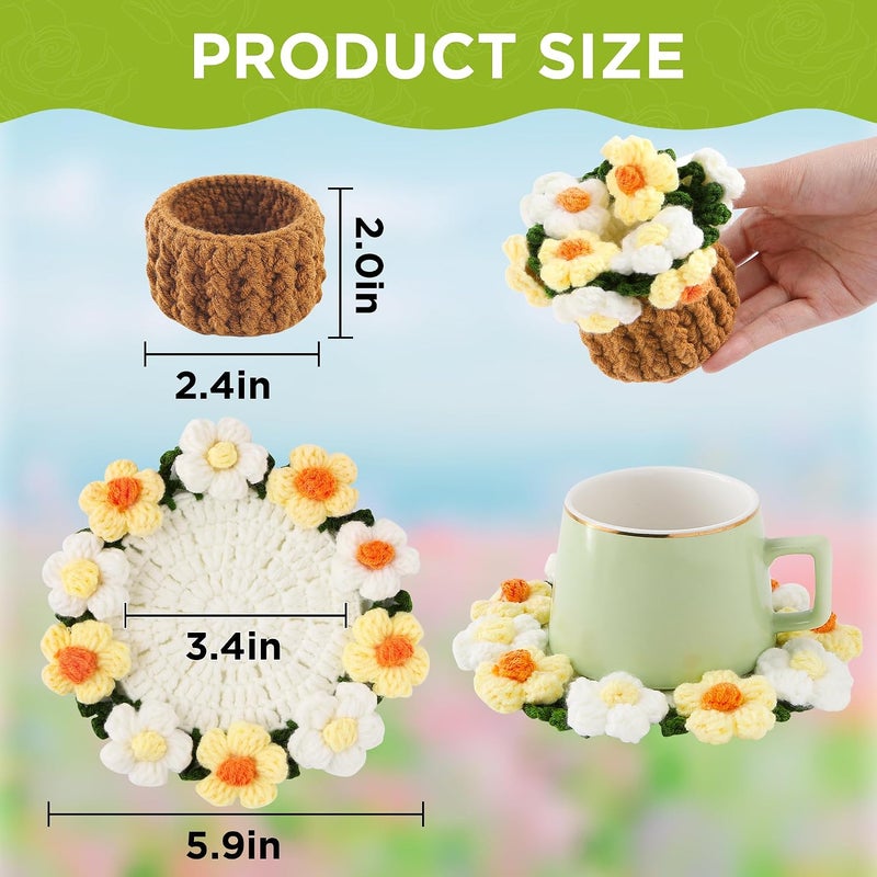 Vane Oak Flower Crochet Coasters, Handmade Bouquet Blanket Coaster with Crochet Plant Pot Fun Soft Decorative Drink Coasters for Coffee Tabletop Protection and Home Decor (Light Yellow, 1Pc) - Image 2