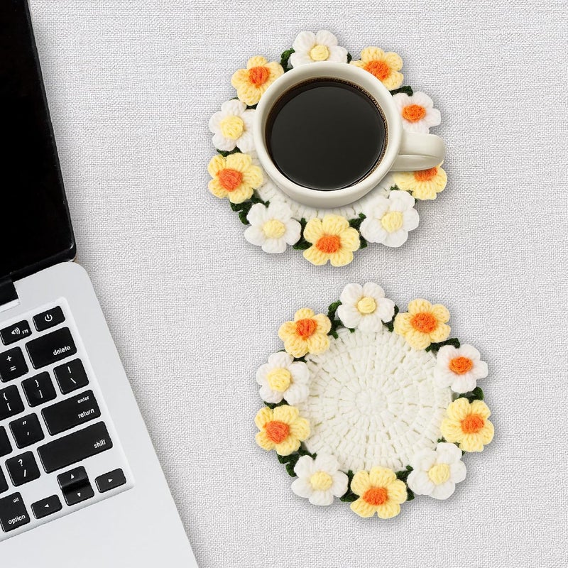 Vane Oak Flower Crochet Coasters, Handmade Bouquet Blanket Coaster with Crochet Plant Pot Fun Soft Decorative Drink Coasters for Coffee Tabletop Protection and Home Decor (Light Yellow, 1Pc) - Image 5
