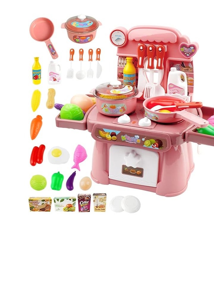مجموعة أدوات طعام تظاهرية لطهي الطعام مع موسيقى خفيفة، آمنة وجميلة للأطفال، لعبة هدية ممتعة، حوض مطبخ مزود بماء جارٍ وموقد حثي إلكتروني - Image 1