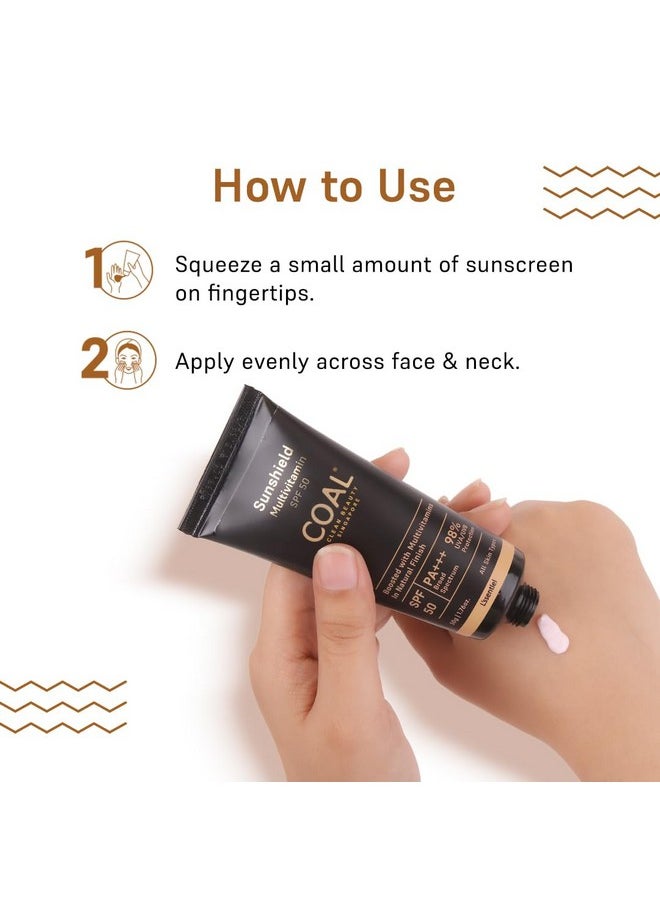 COAL CLEAN BEAUTY - Sunshield Multivitamin Spf 50 Pa+++ Sunscreen With Multivitamins Uvauvb Premature Ageing Sun Damage & Tanning Protection Men & Women All Skin Types 50G - Image 1