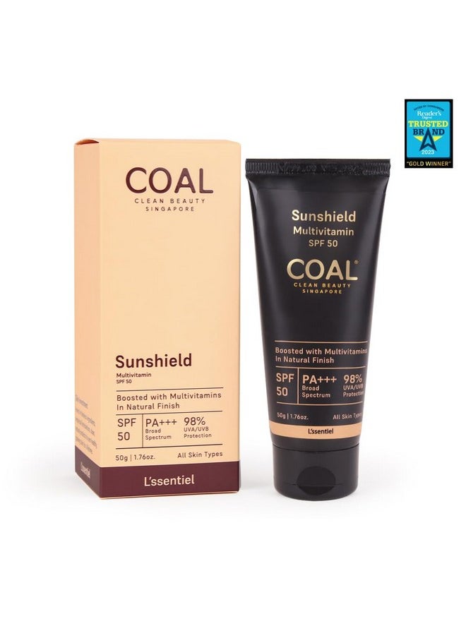 COAL CLEAN BEAUTY - Sunshield Multivitamin Spf 50 Pa+++ Sunscreen With Multivitamins Uvauvb Premature Ageing Sun Damage & Tanning Protection Men & Women All Skin Types 50G - Image 1
