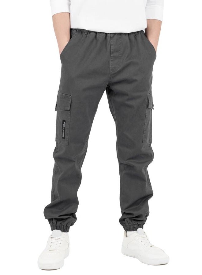 CAMLAKEE Boys Cargo Pants for Kids Stretch Elastic Waist School Youth Twill Joggers Grey 10-11 Years/Size 150 - Image 2