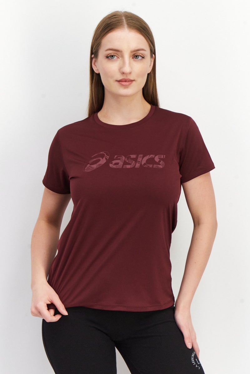 asics Women Sportswear Fit Short Sleeves Brand Logo T-Shirt, Maroon - Image 1