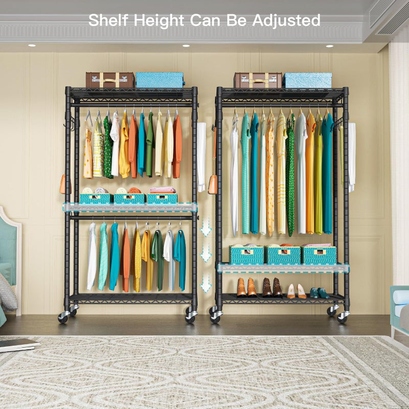 FUTASSI P1 Heavy Duty Garment Rack, 3 Tiers Adjustable Rolling Metal Closet Organizer with Lockable Wheels, FreeStanding Wardrobe with Double Hanger Rods & 1 Pair Hooks, Max Load 450 LBS, Black - Image 3