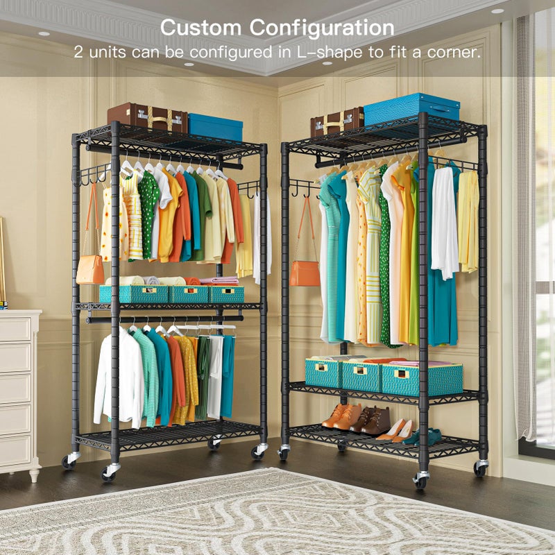 FUTASSI P1 Heavy Duty Garment Rack, 3 Tiers Adjustable Rolling Metal Closet Organizer with Lockable Wheels, FreeStanding Wardrobe with Double Hanger Rods & 1 Pair Hooks, Max Load 450 LBS, Black - Image 4