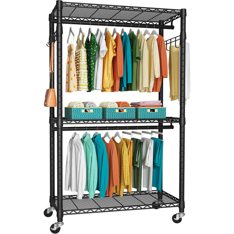 FUTASSI P1 Heavy Duty Garment Rack, 3 Tiers Adjustable Rolling Metal Closet Organizer with Lockable Wheels, FreeStanding Wardrobe with Double Hanger Rods & 1 Pair Hooks, Max Load 450 LBS, Black - Image 1
