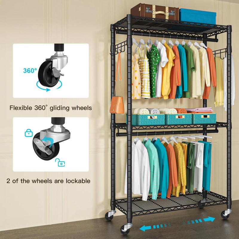 FUTASSI P1 Heavy Duty Garment Rack, 3 Tiers Adjustable Rolling Metal Closet Organizer with Lockable Wheels, FreeStanding Wardrobe with Double Hanger Rods & 1 Pair Hooks, Max Load 450 LBS, Black - Image 5
