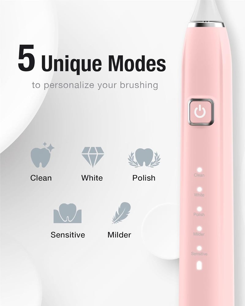 فرشاة أسنان كهربائية سونيك مع 6 رؤوس فرشاة للكبار والأطفال، شحن واحد لمدة 90 يومًا، شحن لاسلكي سريع، 5 أوضاع مع مؤقت ذكي مدمج لمدة دقيقتين، فرش الأسنان الكهربائية (وردي) - Image 3