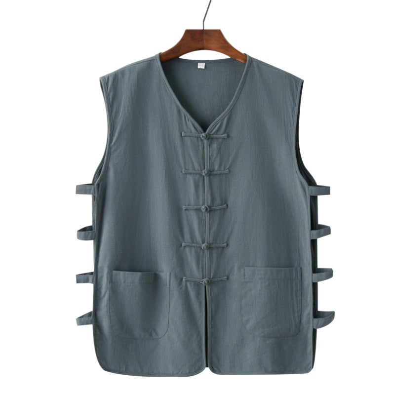 Summer Thin Cotton and Linen Chinese Vest Vest Mens Retro Buckle Grandpa Old Man Han Shirt Middle-aged and Old Dads Magma Jacket D.Green  - Image 1