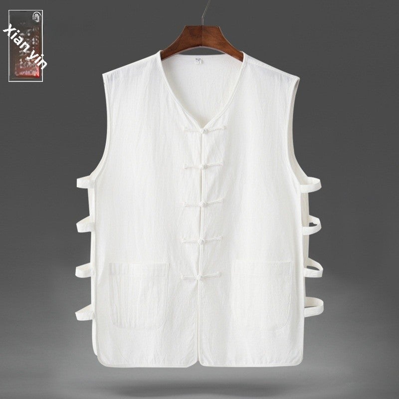 Summer Thin Cotton and Linen Chinese Vest Vest Mens Retro Buckle Grandpa Old Man Han Shirt Middle-aged and Old Dads Magma Jacket D.Green  - Image 3