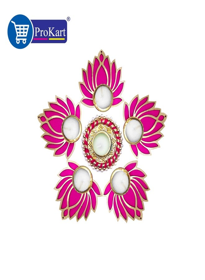 بروكارت ProKart Premium Pink Lotus Wood Chudi Diya Rangoli مع مركز الخرز Moti Diya | ديكور لديوالي، داشيرا، رانجولي، بوجا، ديكورات، مهرجان، ديكورات الزفاف (وردي، عبوة من 6 قطع) - Image 2