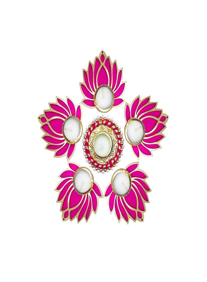 بروكارت ProKart Premium Pink Lotus Wood Chudi Diya Rangoli مع مركز الخرز Moti Diya | ديكور لديوالي، داشيرا، رانجولي، بوجا، ديكورات، مهرجان، ديكورات الزفاف (وردي، عبوة من 6 قطع) - Image 1