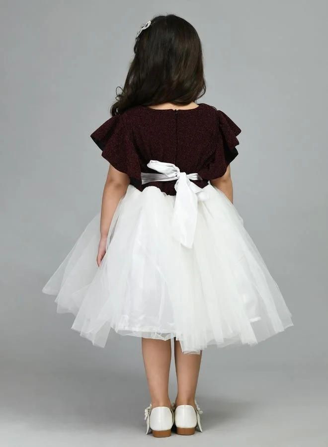 بيلا مودا Bella Moda Embellished Mesh Insert Ruffled Sleeve Knee-Length Dress