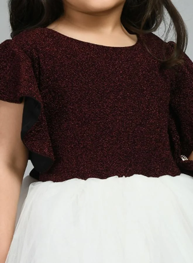 بيلا مودا Bella Moda Embellished Mesh Insert Ruffled Sleeve Knee-Length Dress