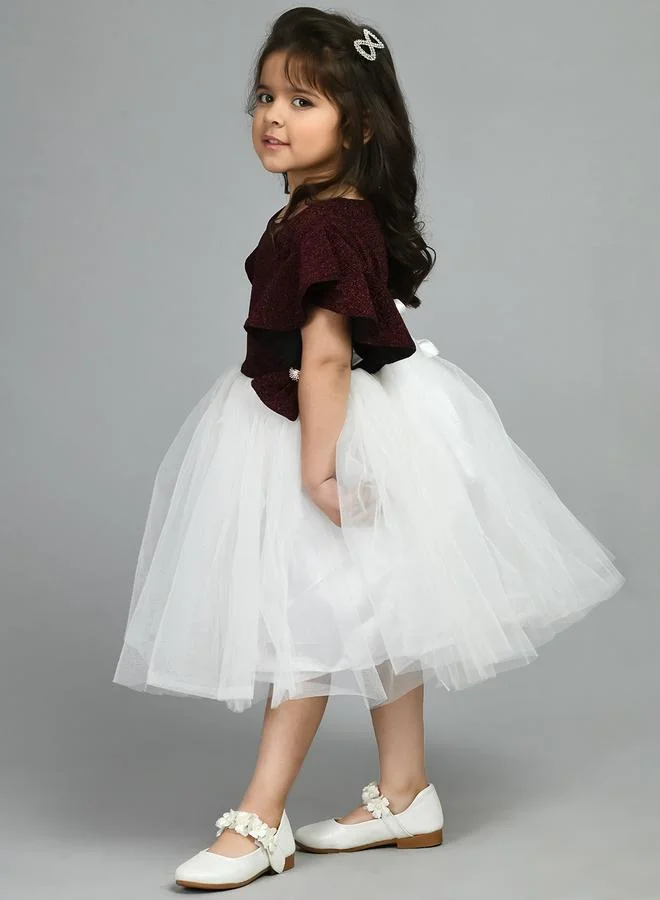 بيلا مودا Bella Moda Embellished Mesh Insert Ruffled Sleeve Knee-Length Dress