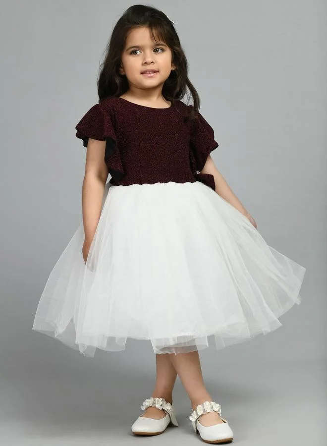 بيلا مودا Bella Moda Embellished Mesh Insert Ruffled Sleeve Knee-Length Dress