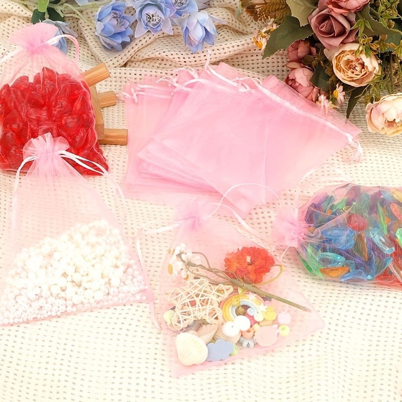 100 Pink Organza Drawstring Bags 3.54x4.72 Inch Transparent Design Premium Gift Bags for Valentine Day Mother Day - Image 5
