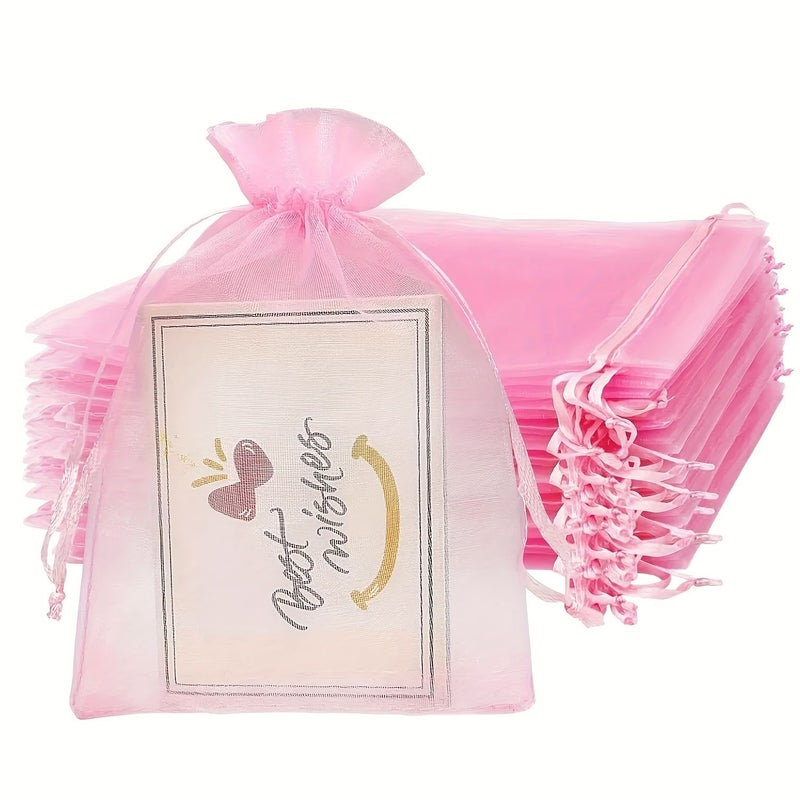 100 Pink Organza Drawstring Bags 3.54x4.72 Inch Transparent Design Premium Gift Bags for Valentine Day Mother Day - Image 1