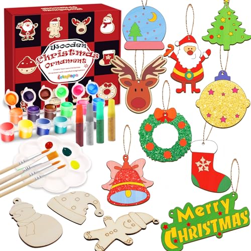 Letapapa Christmas Crafts for Kids36 Pcs Wooden Christmas Ornaments with Ropes for Hanging Decoration 12 Styles Unfinished Wood Slices with Hole DIY Ornament Craft for Boys Girls Aged 5 6 7 8 9 10 11 12 - Image 1