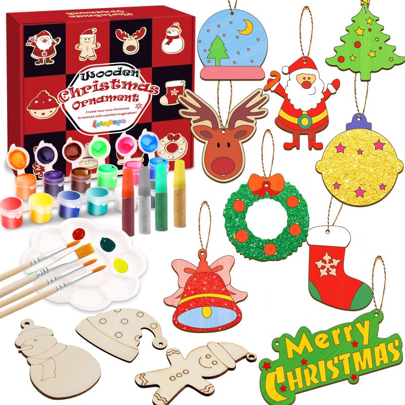 Letapapa Christmas Crafts for Kids36 Pcs Wooden Christmas Ornaments with Ropes for Hanging Decoration 12 Styles Unfinished Wood Slices with Hole DIY Ornament Craft for Boys Girls Aged 5 6 7 8 9 10 11 12 - Image 2