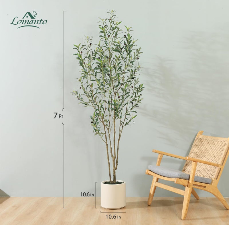 LOMANTO Artificial Olive Trees, 7 ft Tall Fake Olive Trees for Indoor, Faux Olive Silk Tree, Large Olive Plants with White Planter for Home Decor and Housewarming Gift, 1 Pack - Image 4