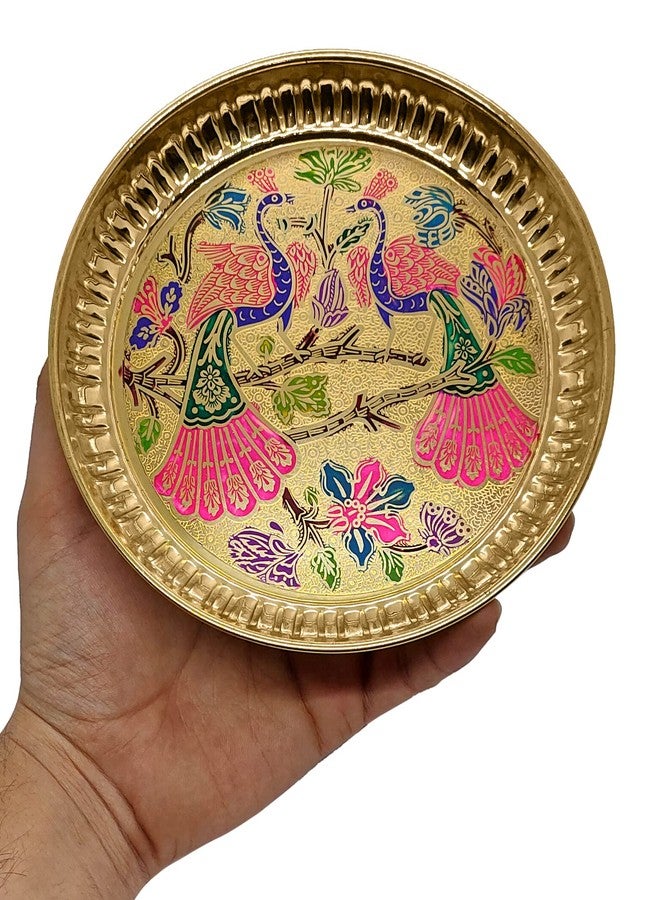 Satvik 6 Inch Brass Peacock Design Thali For Puja Engraved Brass Indian Plate Hindu Ritual Thali Pooja Accessories Engagement Ring Platter Decorative Pujan Thali For Home and Temple Diwali Gift (Design 1) - Image 3