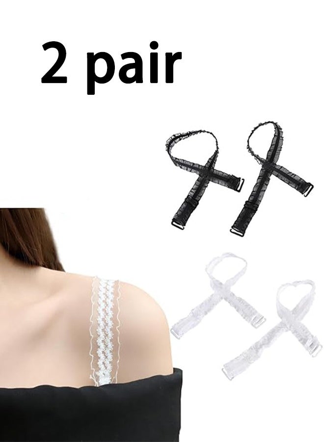 Women's Bra Straps, Lace Elastic Non-Slip Adjustable Replacement Bra Strap, 2 Pair, Black, White - Image 1
