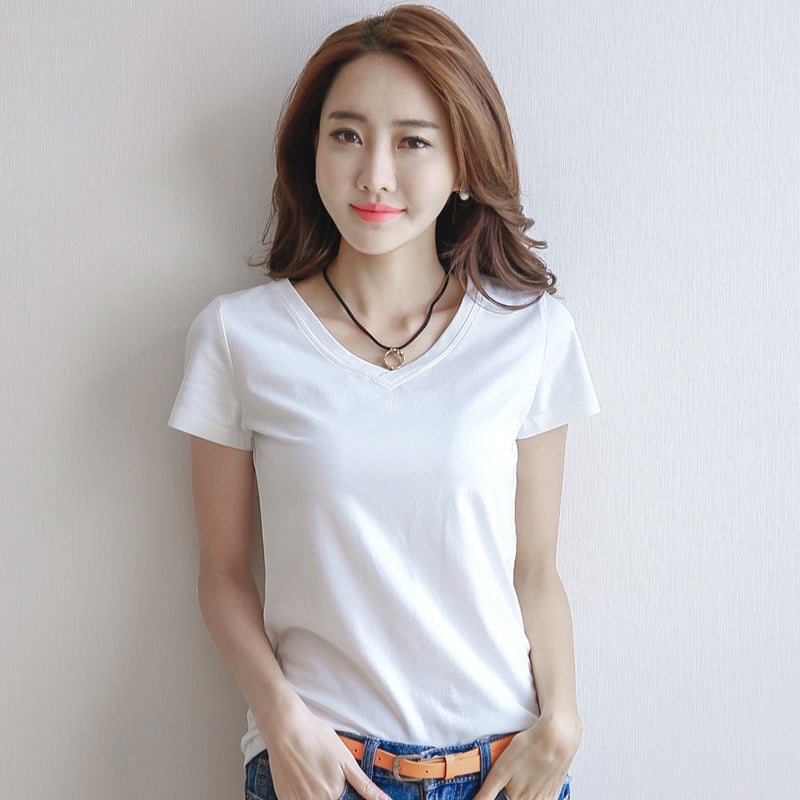 Womens Korean-style short-sleeved T-shirt summer new slim-fit cotton T-shirt womens solid color round neck top South Korea versatile bottoming shirt Female White [V-neck]] 
