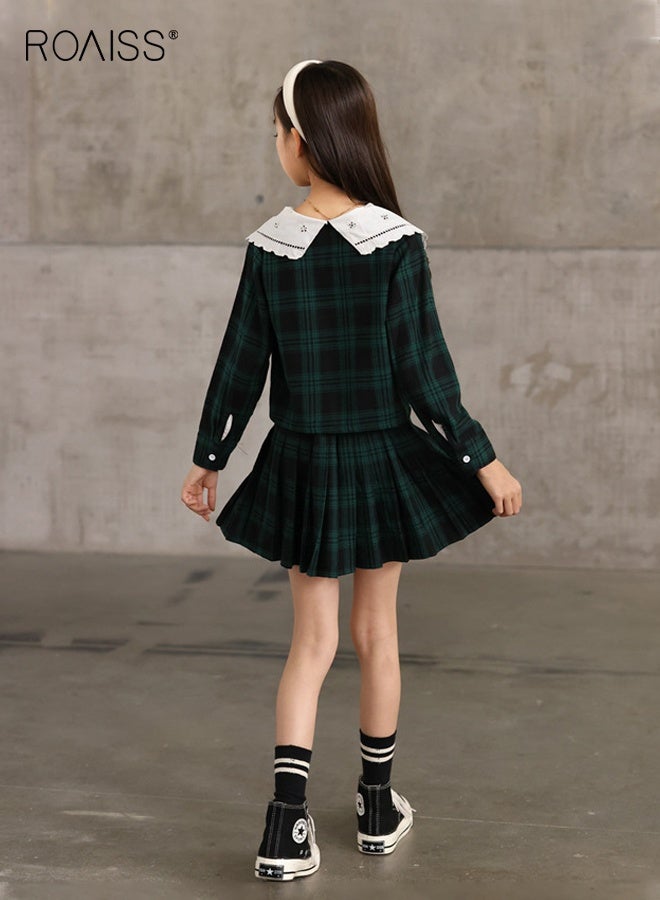 رويس طقم ملابس للفتيات من قطعتين، بدلة أنيقة مع قميص وتنورة مطوية، ملابس مربعة للفتيات، قميص بأزرار في الأسفل وتنورة بخصر مطاطي، مناسبة للارتداء اليومي والأنشطة الخارجية - Image 5