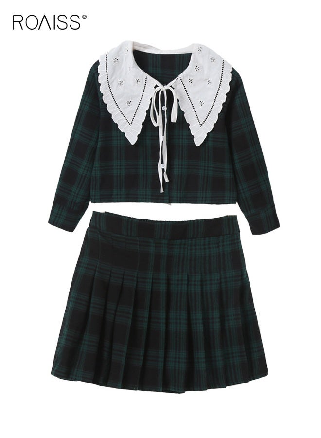 رويس طقم ملابس للفتيات من قطعتين، بدلة أنيقة مع قميص وتنورة مطوية، ملابس مربعة للفتيات، قميص بأزرار في الأسفل وتنورة بخصر مطاطي، مناسبة للارتداء اليومي والأنشطة الخارجية - Image 2