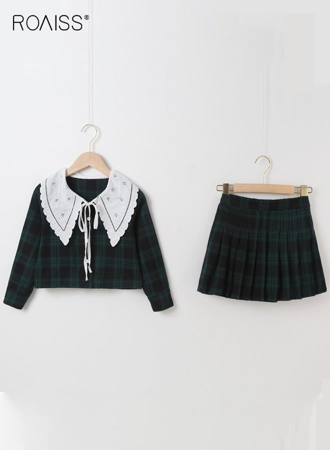 رويس طقم ملابس للفتيات من قطعتين، بدلة أنيقة مع قميص وتنورة مطوية، ملابس مربعة للفتيات، قميص بأزرار في الأسفل وتنورة بخصر مطاطي، مناسبة للارتداء اليومي والأنشطة الخارجية - Image 3