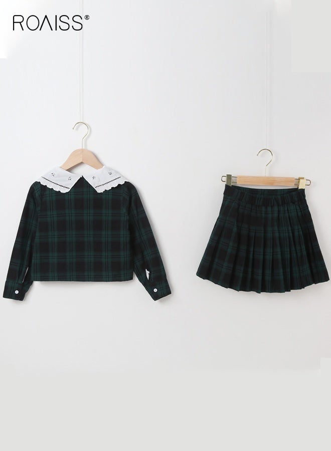 رويس طقم ملابس للفتيات من قطعتين، بدلة أنيقة مع قميص وتنورة مطوية، ملابس مربعة للفتيات، قميص بأزرار في الأسفل وتنورة بخصر مطاطي، مناسبة للارتداء اليومي والأنشطة الخارجية - Image 4