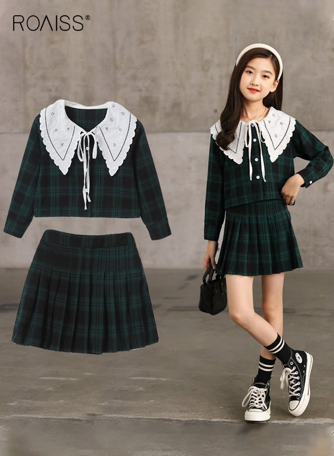 رويس طقم ملابس للفتيات من قطعتين، بدلة أنيقة مع قميص وتنورة مطوية، ملابس مربعة للفتيات، قميص بأزرار في الأسفل وتنورة بخصر مطاطي، مناسبة للارتداء اليومي والأنشطة الخارجية - Image 1