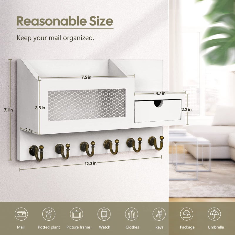 Fifthquarter Key And Mail Holder For Wall  Mail Organizer Wall Mount With 6 Hooks And Storage Drawer  Easy Installation Key Rack For Entryway And Home Decor (B-White) - Image 2