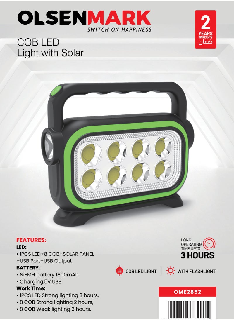 Olsenmark - Olsenmark COB LED Light with Solar- OME2852 with USB Port , 3 Hours Operating Time Rechargeable, Flashlight , Suitable for  Indoor and Outdoor Use, 1800mAh , Multi-Functional, 2 Years Warranty - Image 1